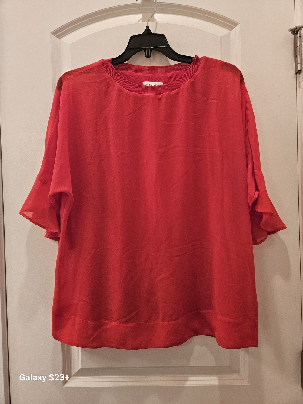 Calvin Klein Red Ruffle Sleeve Crewneck Blouse Petite Small